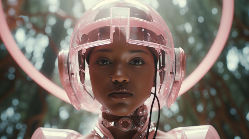 Traveler of a futuristic past getting out of a spaceship at the Amazon